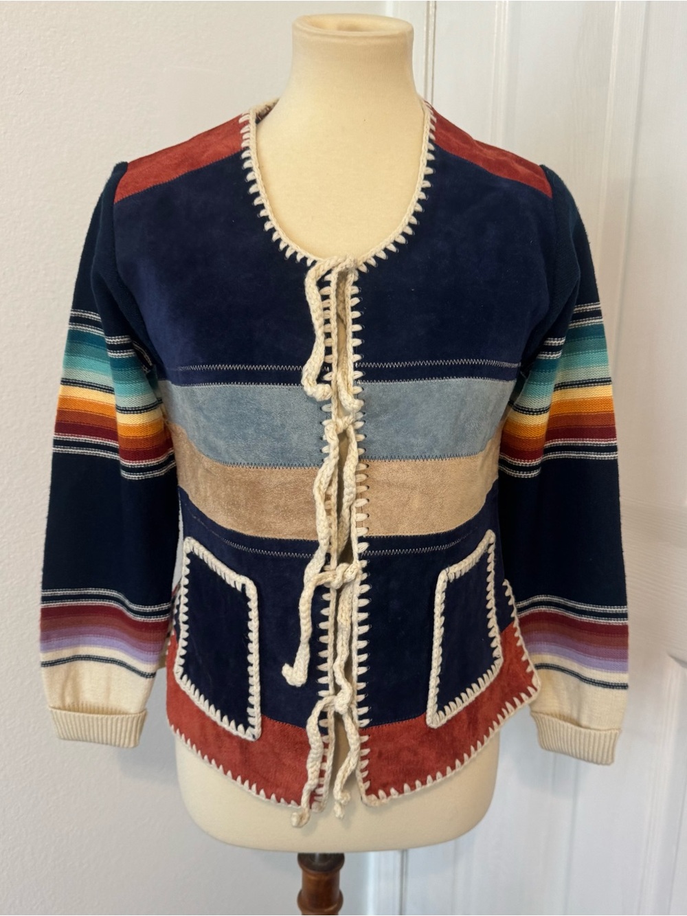 1970s Collage Striped Suede Knit Crochet Inca Hippie Jacket Sweater Rainbow Med